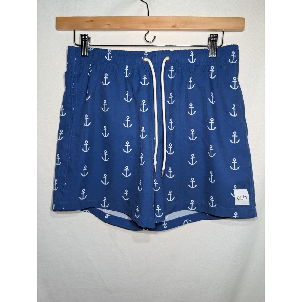 Eubi Mens Blue Anchor‎ Swim Trunks Board Shorts Sz M Mesh Lined Logo Drawstring